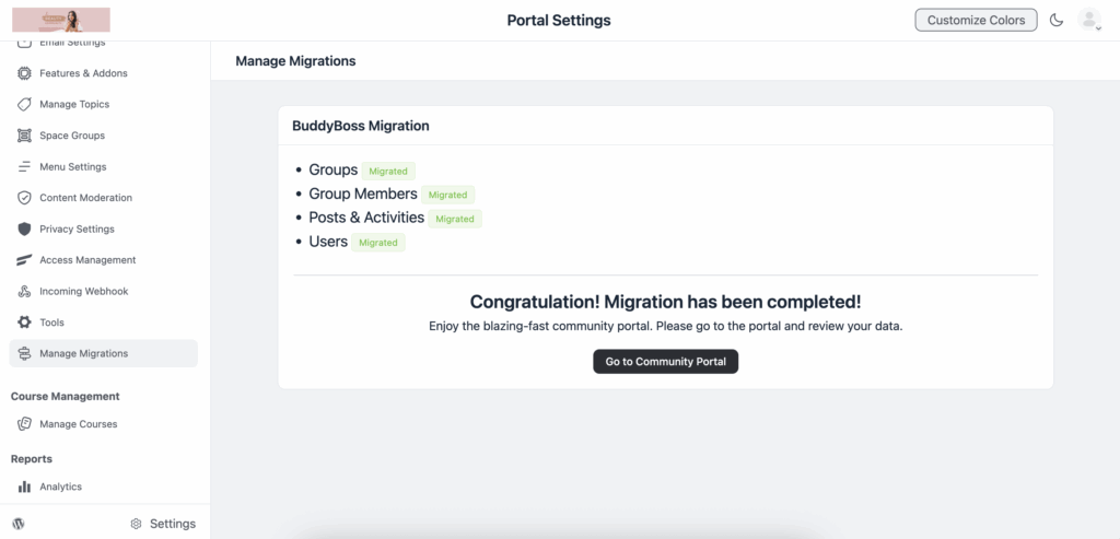 BuddyBoss migration completed, fluentcommunity